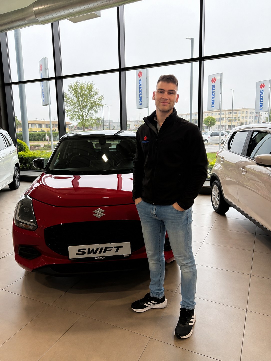 Jean Joubert with a red Suzuki Swift